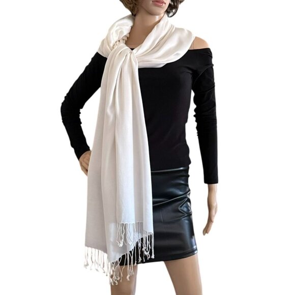 White Lightweight Elegant Pashmina Shawl Wrap Scarf With Fringe For Women - Picture 3 of 8